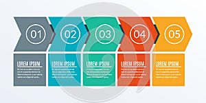 5 steps business process. Timeline infographic with arrows and 5 elements, options or levels for flowchart, presentation, layout